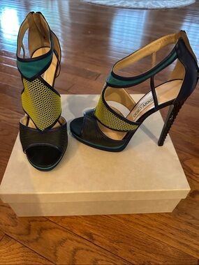 Jimmy Choo  LYTHE Yellow, Teal and Black Mesh Strappy Stilettos